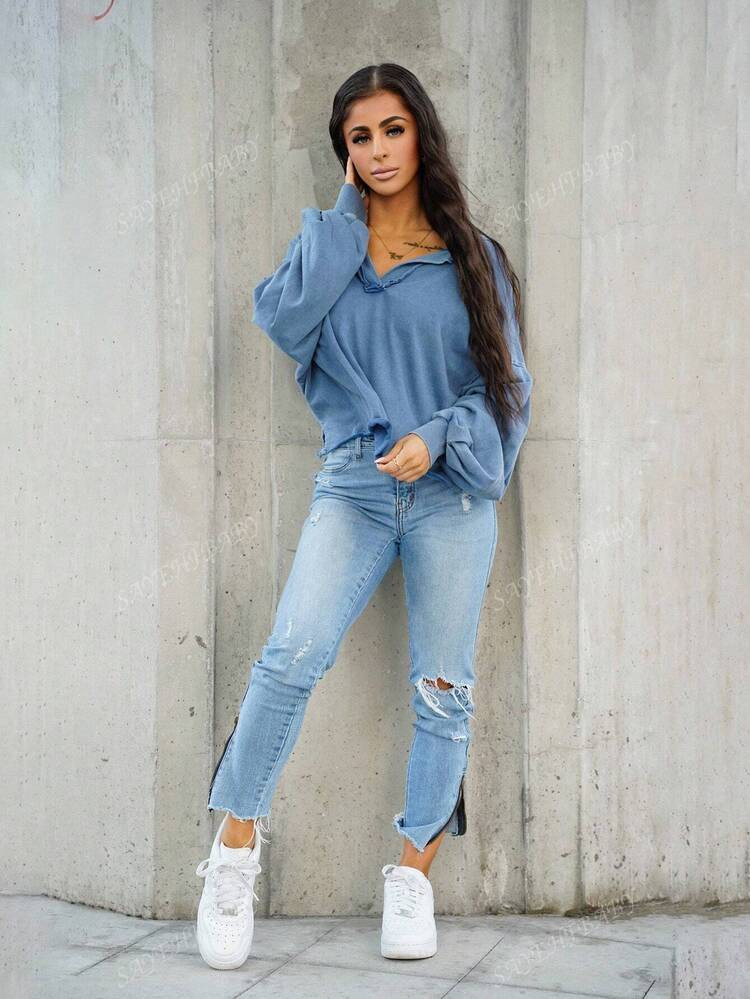 SAYEHFBABY 1pc Women Solid Color V-Neck Knit Long Sleeve Loose Pullover Sweatshirt,Long Sleeve Tops | SHEIN