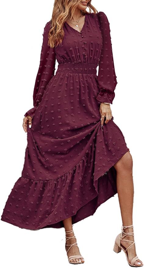 MASCOMODA Women Boho Maxi Dress 2024 Long Sleeve V Neck Swiss Dot Smocked High Waisted A-Line Ruf... | Amazon (US)