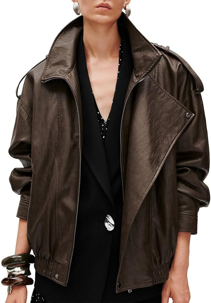 URBAN REVIVO Black Stand Collar Leather Jacket for Women, Oversized Lapel Moto Style | Amazon (US)