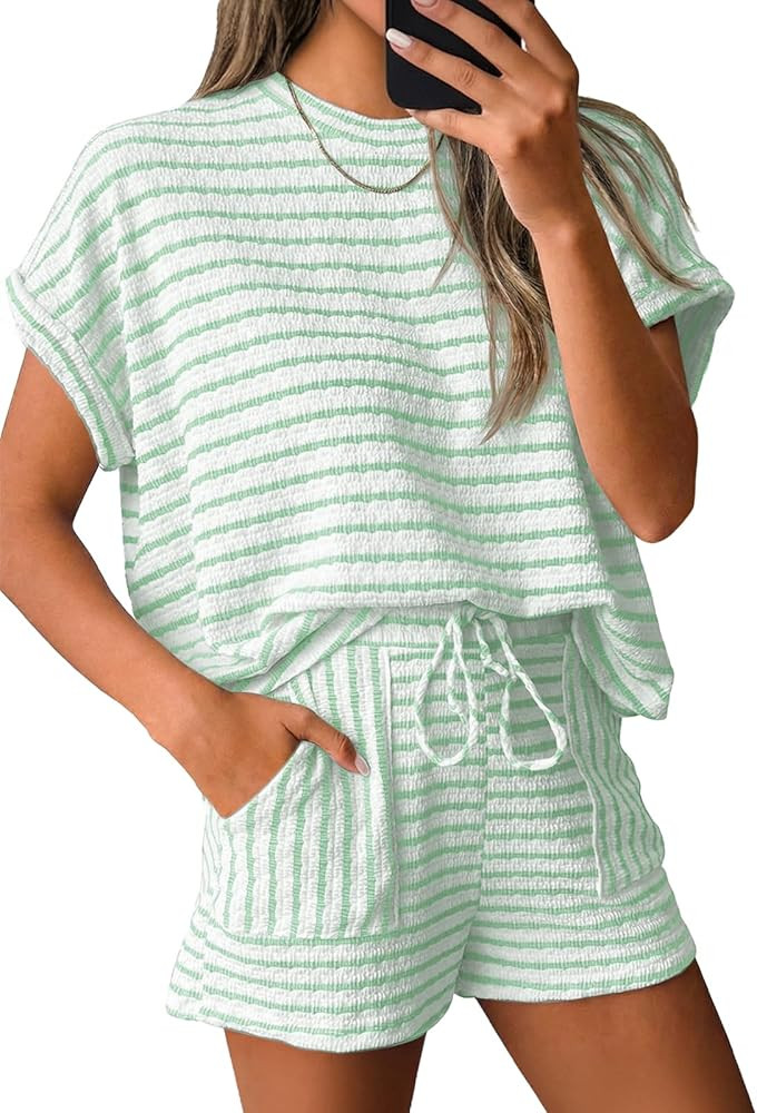 Amazon.com: Tankaneo Womens Striped Summer 2 Piece Short Sets Short Sleeve T Shirts Drawstring Sh... | Amazon (US)