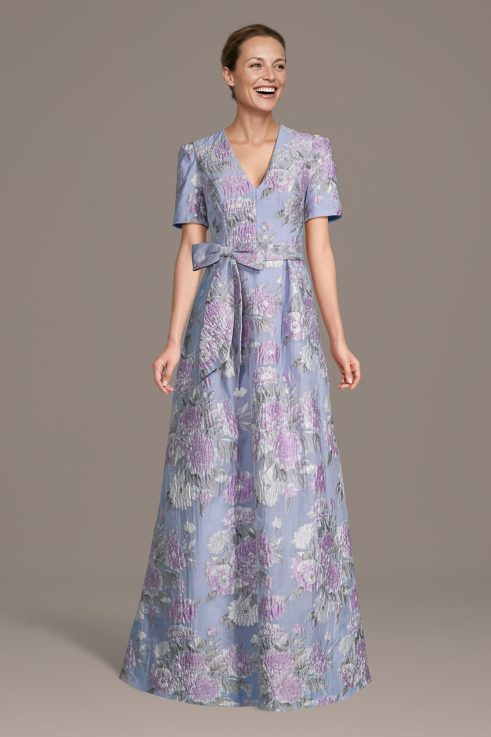 Brocade Short Sleeve A-Line Dress with Bow | David's Bridal
