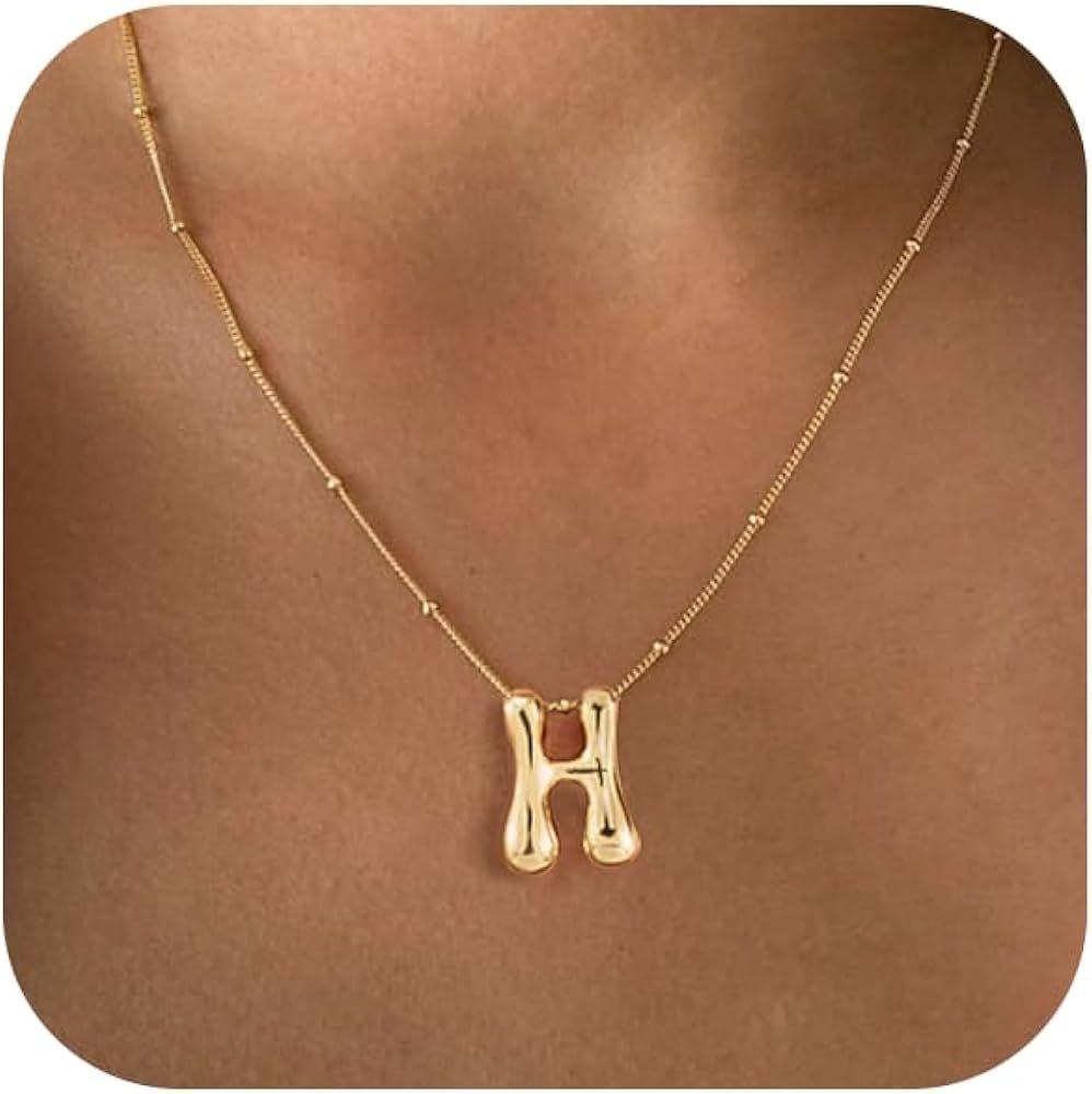 Gold Bubble Letter Necklace for Women Dainty 14K Gold Plated Balloon Initial Necklaces for Women ... | Amazon (US)