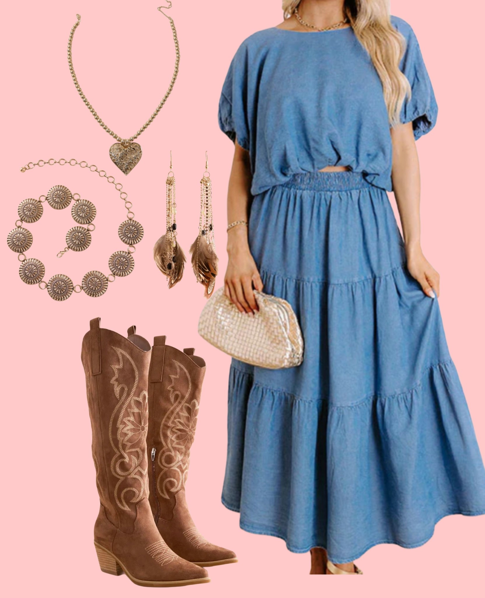 Chambray denim top & skirt matching set paired with gold accessories and brown western boots! A cute modest spring look! 

#LTKFestival #LTKootd #LTKSeasonal
