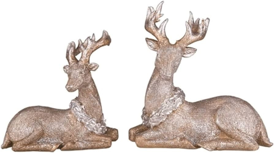 Gold Tone Glitter Small Sitting Reindeer 7.5 x 5.5 Resin Christmas Figurine Set of 2 | Amazon (US)