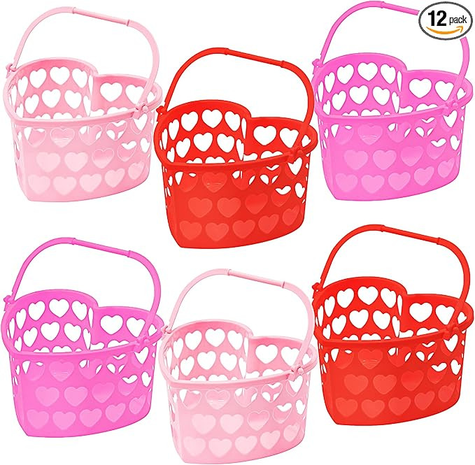 Zcaukya Valentine's Day Baskets, 7.1" x 7.9" x 4.3" Small Plastic Heart Shaped Basket with Handle... | Amazon (US)