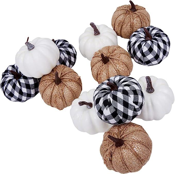 Artmag 12 Pcs Assorted Fall Artificial Pumpkins Burlap Pumpkins Faux Harvest White Pumpkins and F... | Amazon (US)