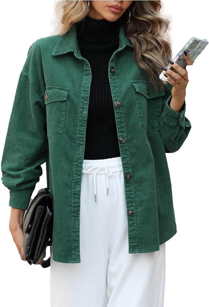 Corduroy Jacket Women Oversized Boyfriend Buttons Casual Long Shacket Autumn Spring Top Green | Amazon (US)
