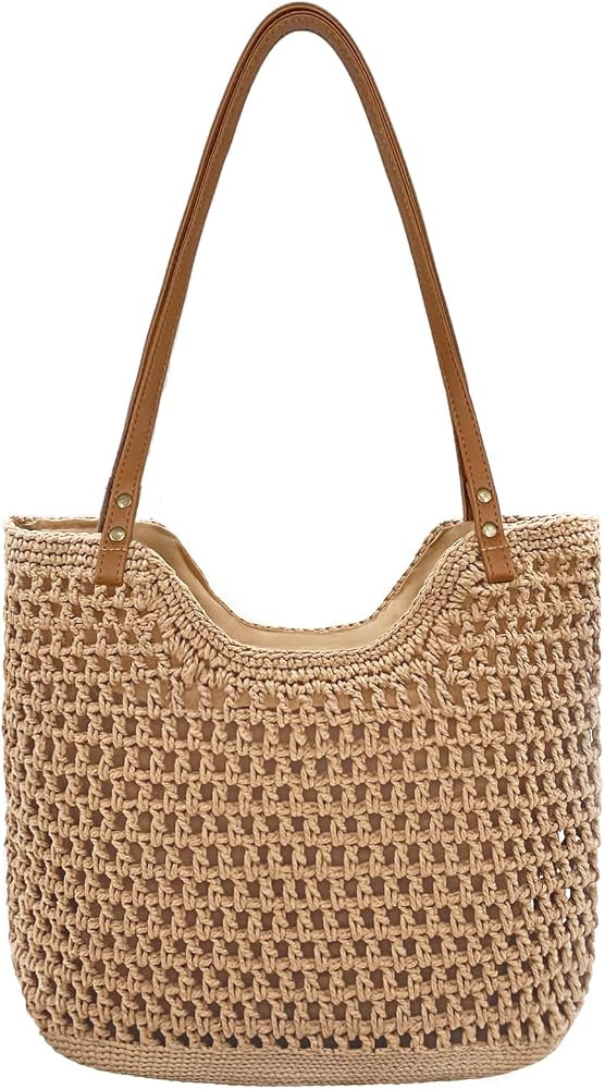 Straw Tote Bag for Women Woven Beach Bags Summer Soft Boho Vacation Shoulder Bag with Zipper | Amazon (US)
