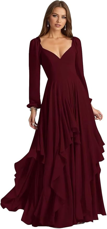 Long Sleeve Bridesmaid Dresses for Women V Neck A-Line Chiffon Ruffles Pleated Corset Wedding Gue... | Amazon (US)