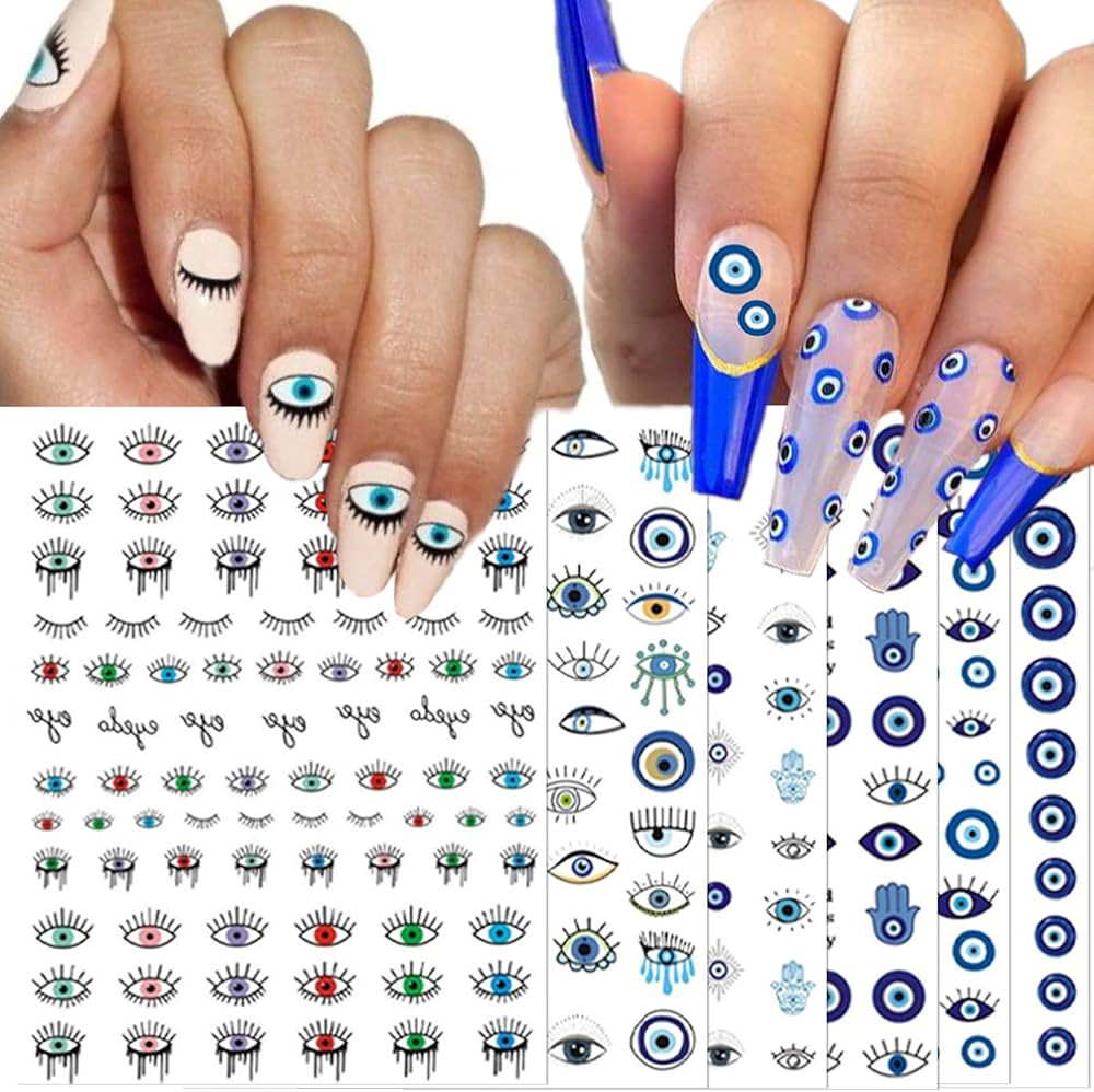 14 Sheets Evil Eye Nail Stickers, 3D Turkish Blue Eye Design Nail Art Decals, Self Adhesive Hamsa... | Amazon (US)