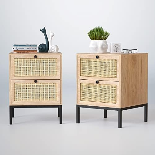 Nightstand Set of 2 with Handmade Natural Rattan Drawers, Bedside Table, End Table with Storage, ... | Amazon (US)