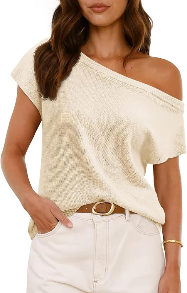 Saodimallsu Women's Off Shoulder Short Sleeve Knit Sweater Top | Amazon (US)