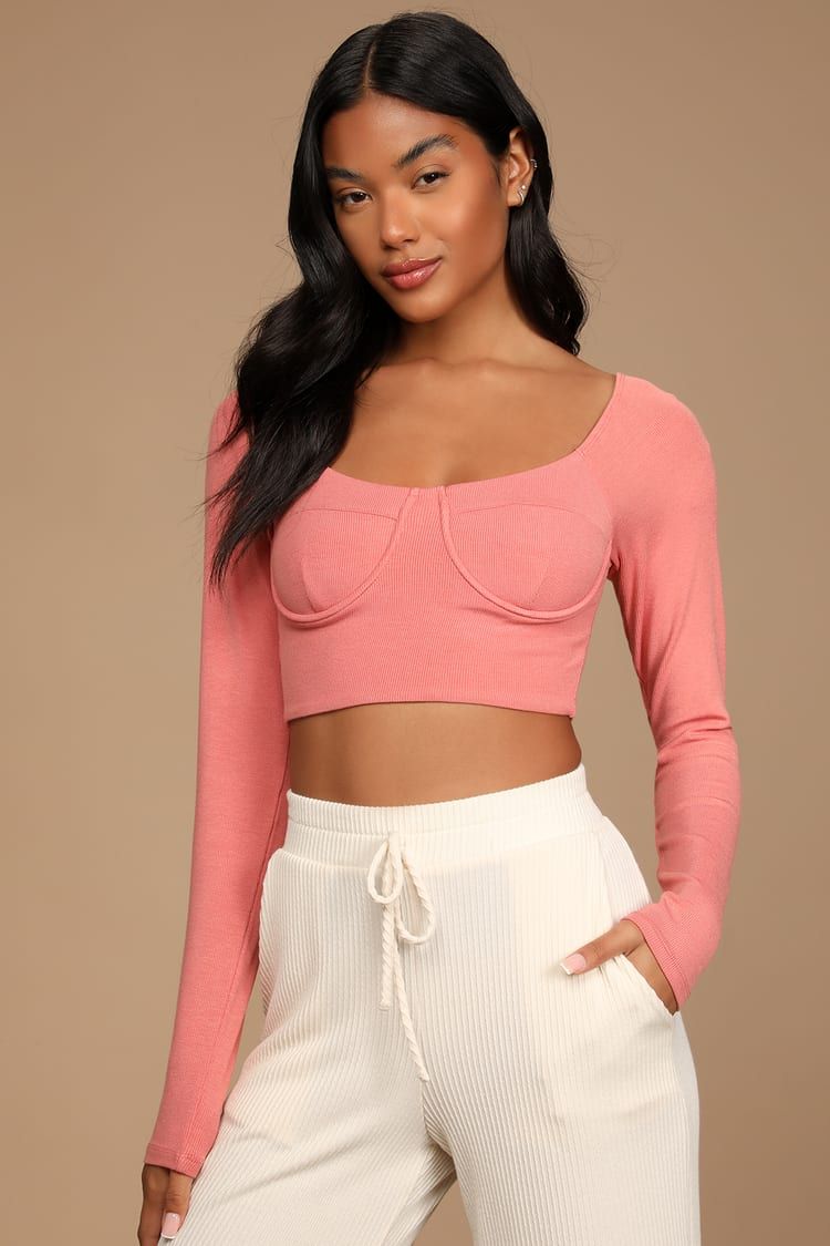Lazy Day Vibes Coral Pink Underwire Long Sleeve Crop Top | Lulus (US)