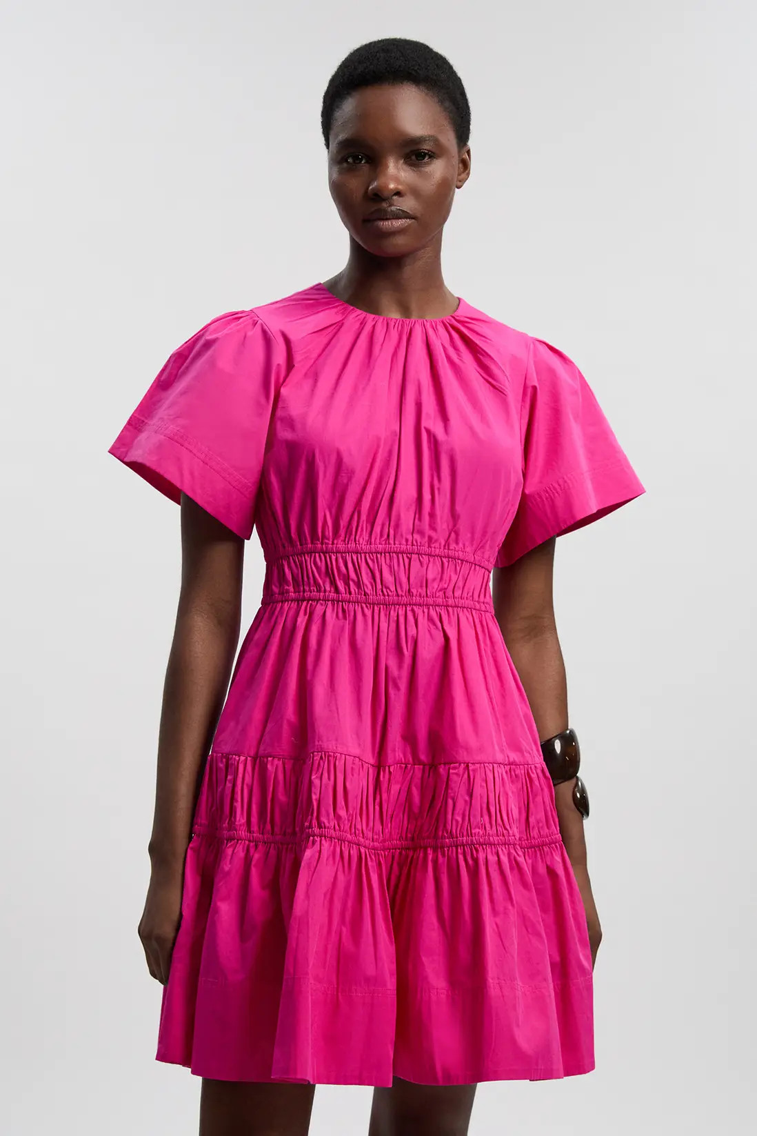 Shirred Cotton Tiered Woven Mini Dress | Karen Millen