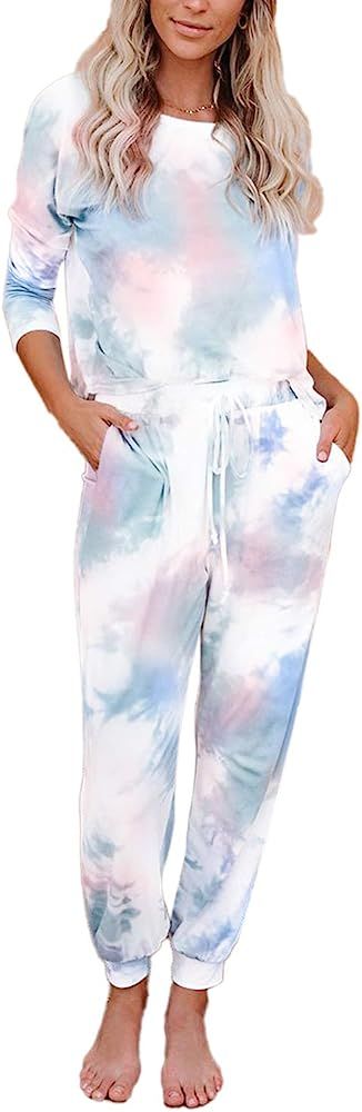 Women Tie Dye Sweatsuit Long Sleeve Pullover Sweatpants 2 Pcs Lounge Jogger Set | Amazon (US)