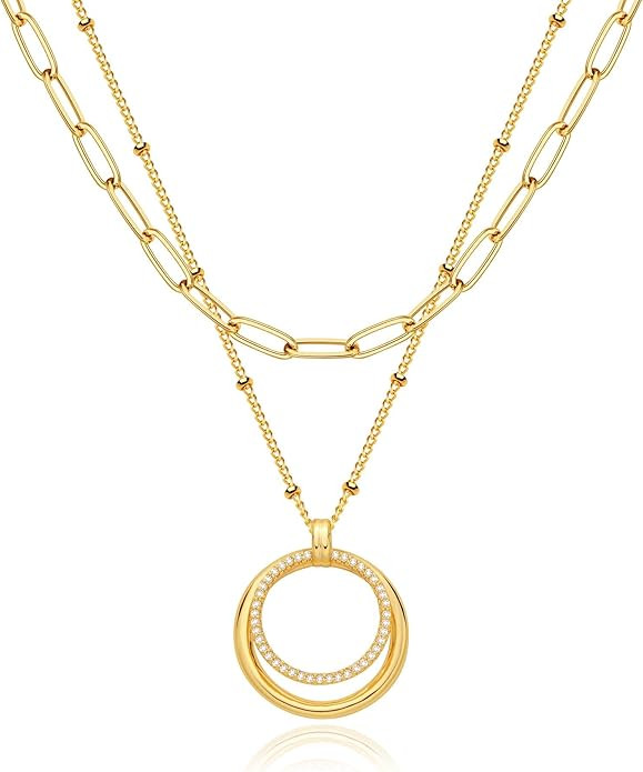 Fettero Pendant Necklace Gold Choker Layered Coin Open Karma Circle Full New Crescent Moon 14K Go... | Amazon (US)