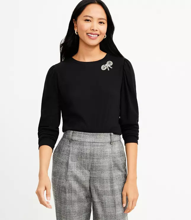 Petite Jeweled Bow Puff Sleeve Top | LOFT