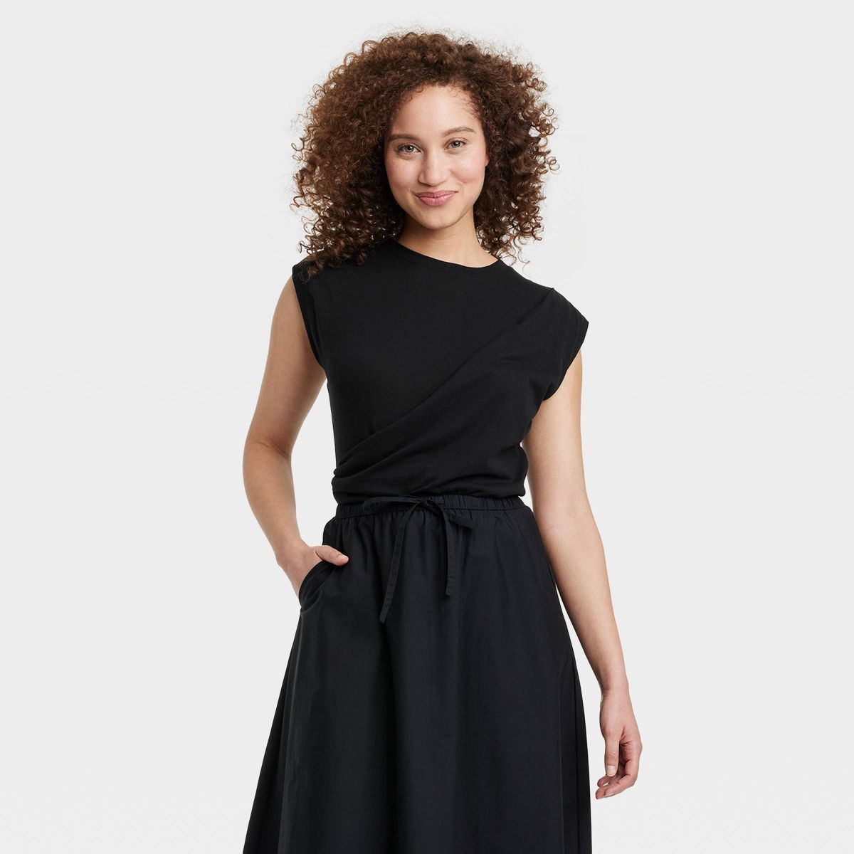 Women's Slim Fit Drape Wrap T-Shirt - A New Day™ Black XS | Target