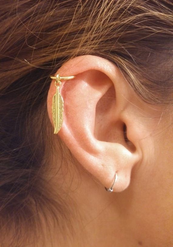 Gold Cartilage Hoop Gold Feather Earring Boho Tragus Helix | Etsy | Etsy (US)