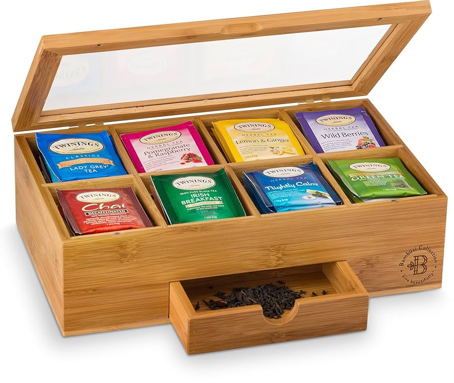Bamboo Tea Bag Organizer Box - 8 Compartment Tea Storage Box with Acrylic Lid, Magnetic Closure a... | Amazon (US)