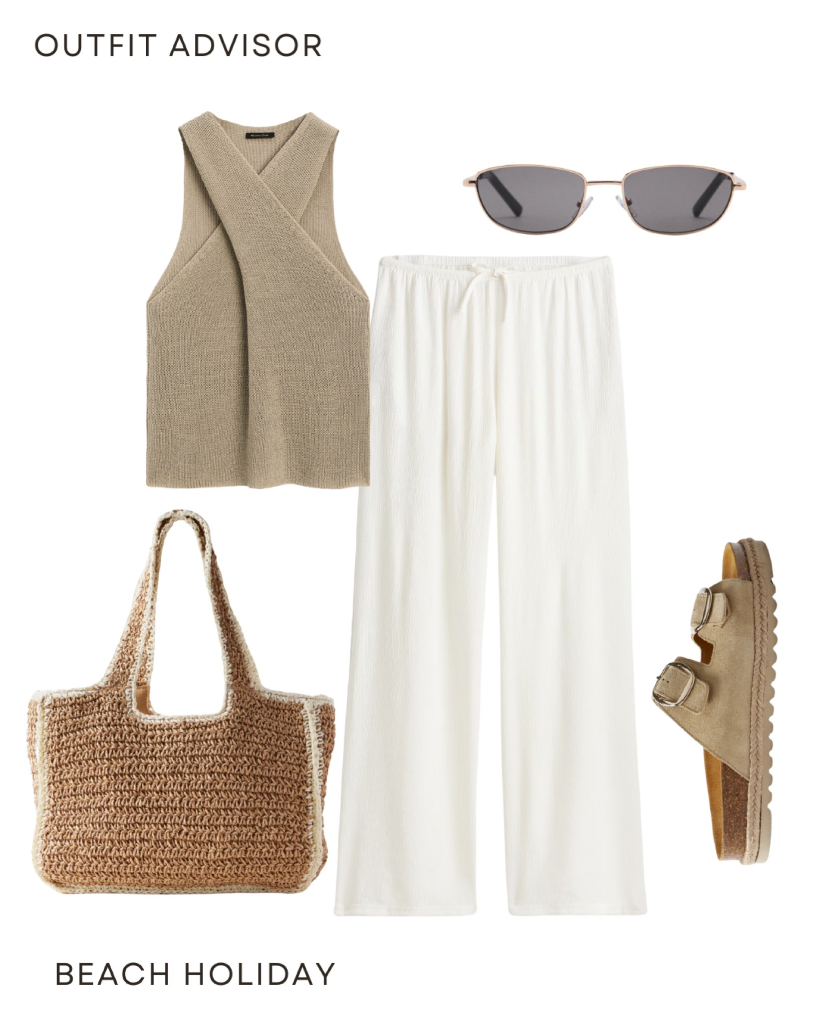 Beach holiday chic outfit idea: a beige twist mesh top, white linen trousers, birkenstock sandals, a woven tote bag and sunglasses 

#LTKsummer #LTKstyletip #LTKeurope