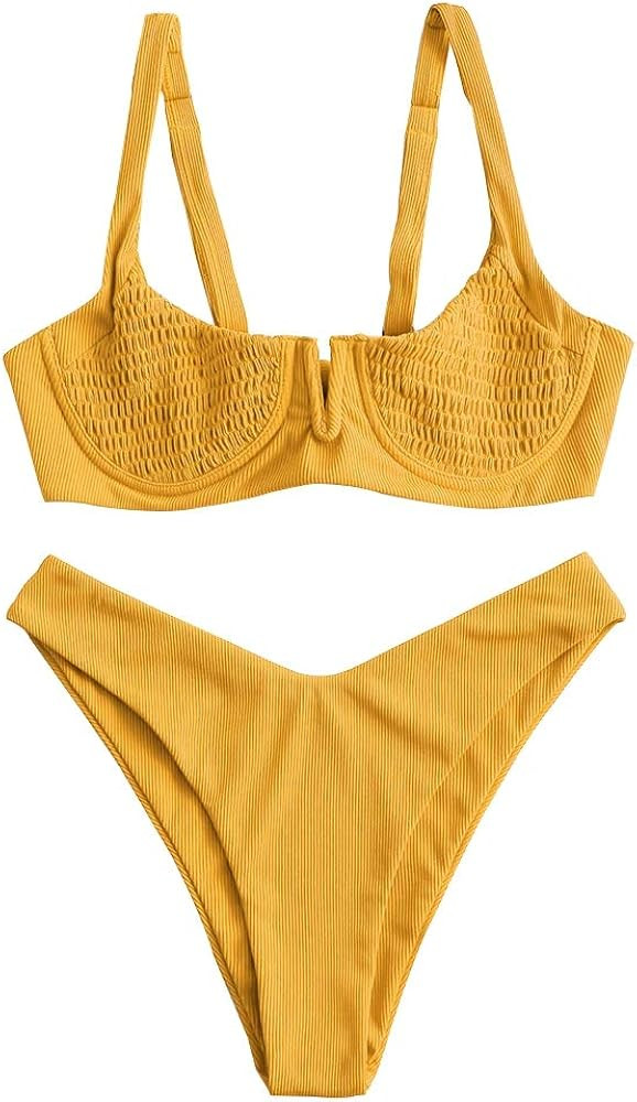 ZAFUL Women's Smocked Tie Shoulder Bikini Set Shirred Underwire Two Pieces Swimsuit | Amazon (US)