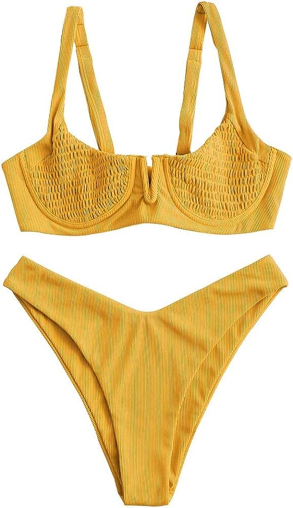 ZAFUL Women's Smocked Tie Shoulder Bikini Set Shirred Underwire Two Pieces Swimsuit | Amazon (US)