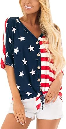 For G and PL July 4th Women's American Flag Button Down T Shirt with Tie Front | Amazon (US)