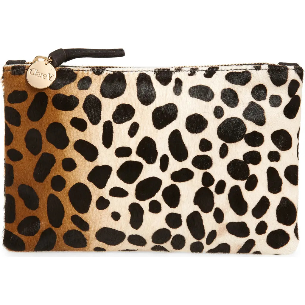 Clare V. Zip Top Genuine Calf Hair Clutch in Leopard Hair at Nordstrom | Nordstrom