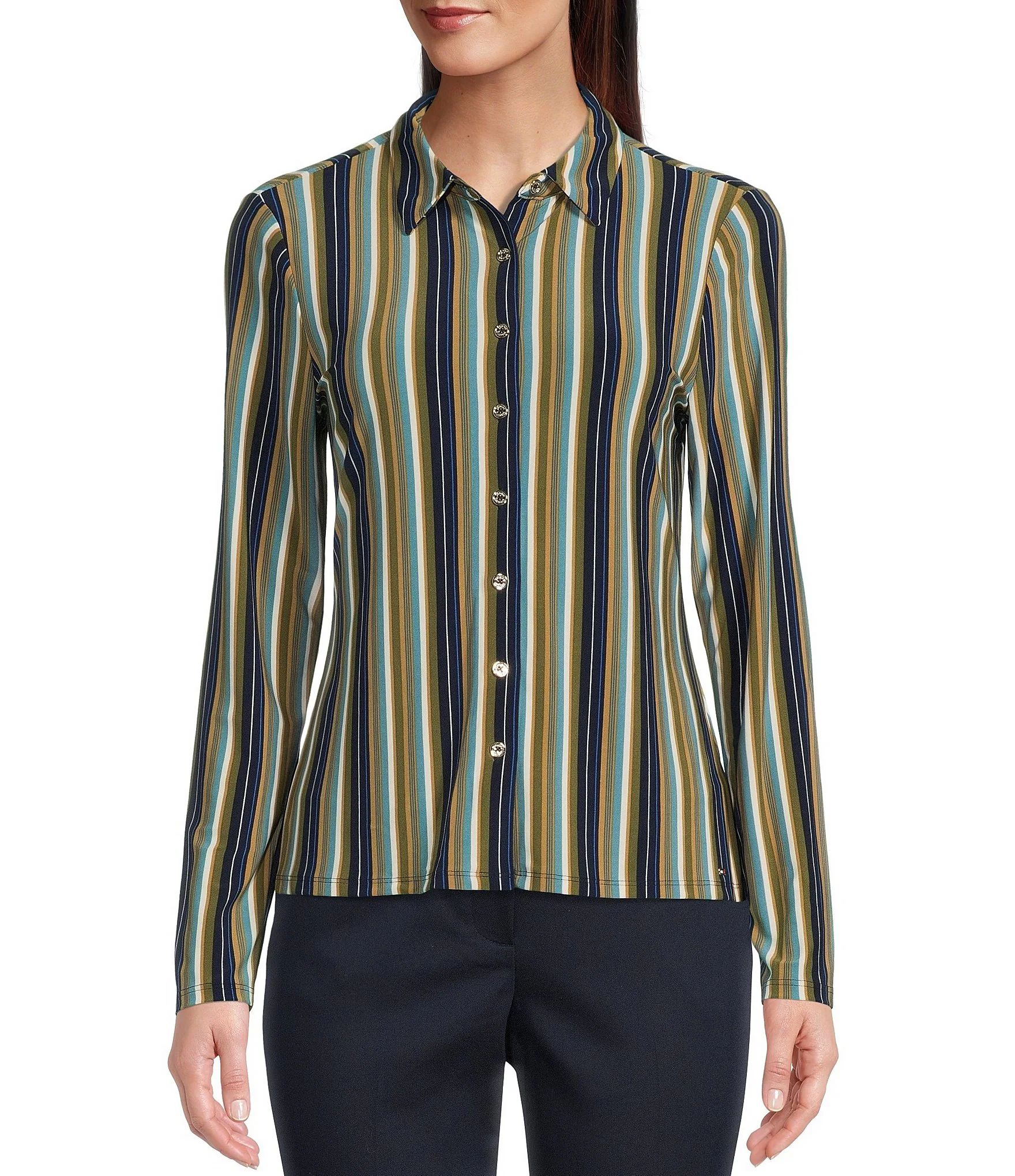 Stripe Print Matte Jersey Point Collar Button Front Long Sleeve Top | Dillard's