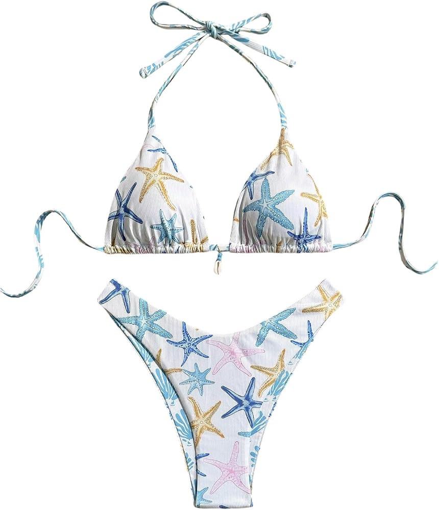 MakeMeChic Women's Halter Triangle Thong Bikini Sets High Cut Swimsuit Bathing Suit Swimwear | Amazon (US)