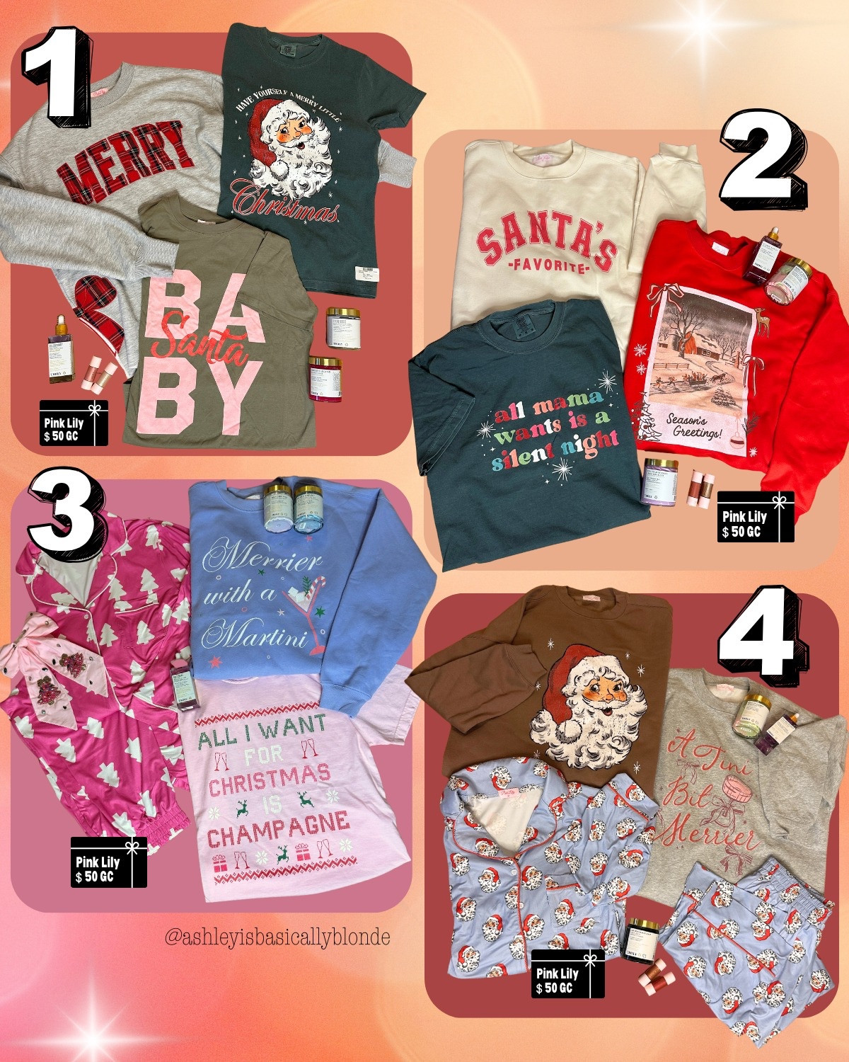 Take a closer look at the bundles you can win!! 👀🛍 
Which one do you want to win?! (To enter: shop my link tree & dm me a screenshot of your order 🫶🏼)

Bundle #1 
-Merry Plaid Sweatshirt (Small)
-Santa Baby T-shirt (Small)
-Merry Little Xmas T-shirt (Small)
-x3 Truly Beauty scrubs & serums
-x2 PL Beauty highlighters
-$50 Pink Lily gift card

Bundle #2 
-Santa's Favorite Sweatshirt (Medium)
-Season's Greetings Sweatshirt (Medium)
-Silent Night T-shirt (Medium
-x3 Truly Beauty scrubs & serums
-x2 PL Beauty highlighters
-$50 Pink Lily gift card

Bundle #3 
-Merrier Martini Sweatshirt (Medium)
-Pink Xmas Tree PJ Set (Medium)
-Christmas Champagne T-shirt (Medium)
-x3 Truly Beauty scrubs & serums
-Pink Bedazzled Bow barrette 
-$50 Pink Lily gift card

Bundle #4
-Brown Santa Sweatshirt (Medium)
-Retro Santa PJ Set (Medium)
-Tini Bit Merrier Sweatshirt (Medium)
-x3 Truly Beauty scrubs & serums
-x2 PL Beauty highlighters
-$50 Pink Lily gift card

#LTKHoliday #LTKFindsUnder50 #LTKSeasonal