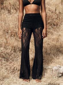 SHEIN Tall Women's Solid Color Lace Sheer Long Pants | SHEIN