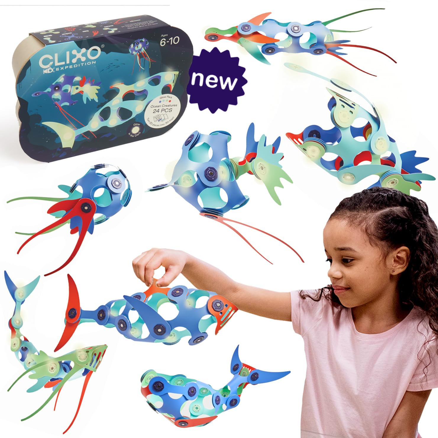 Clixo Ocean Creatures Pack - Glow-in-The-Dark Magnetic Building Toy - 24 Flexible Magnet Pieces f... | Amazon (US)