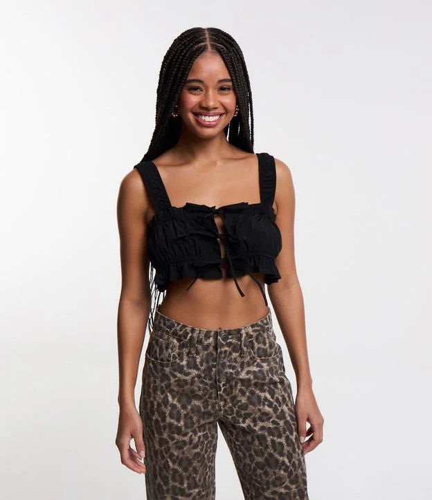 Blusa Top Cropped em Tricoline com Drapeado e Amarrações Preto - Lojas Renner | Renner (BR)