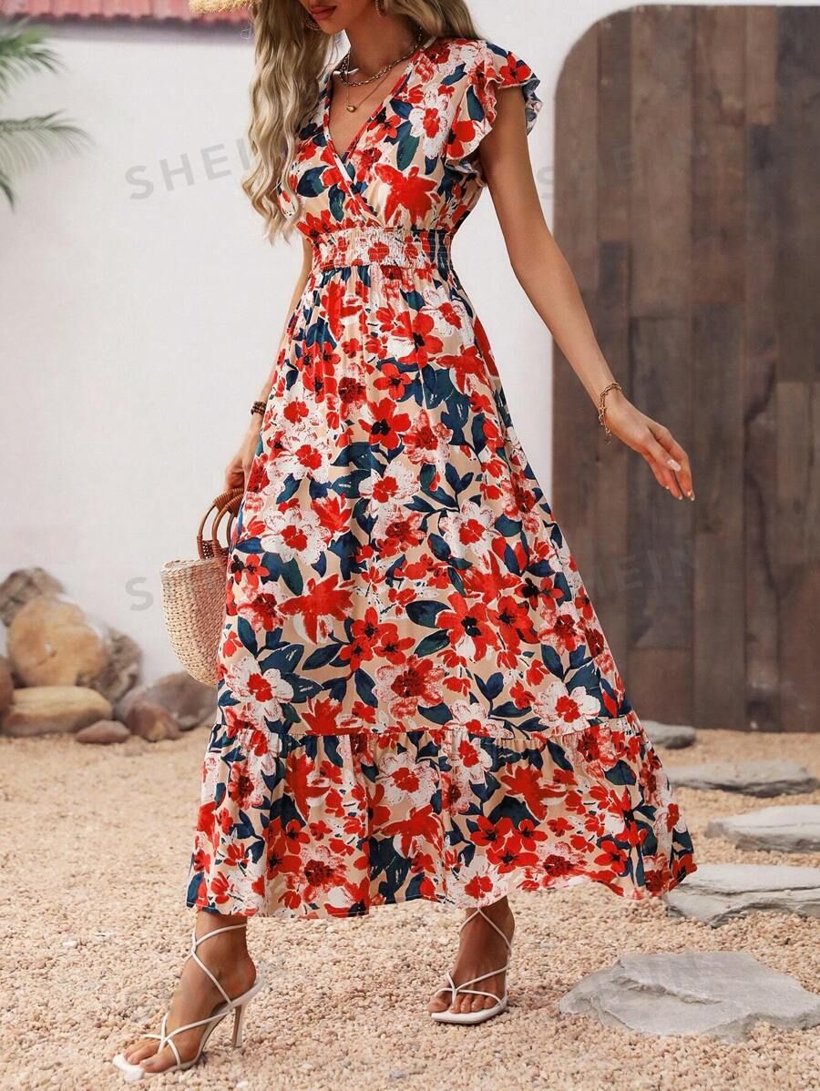 SHEIN VCAY Flower Printed Waist Cinched Dress | SHEIN