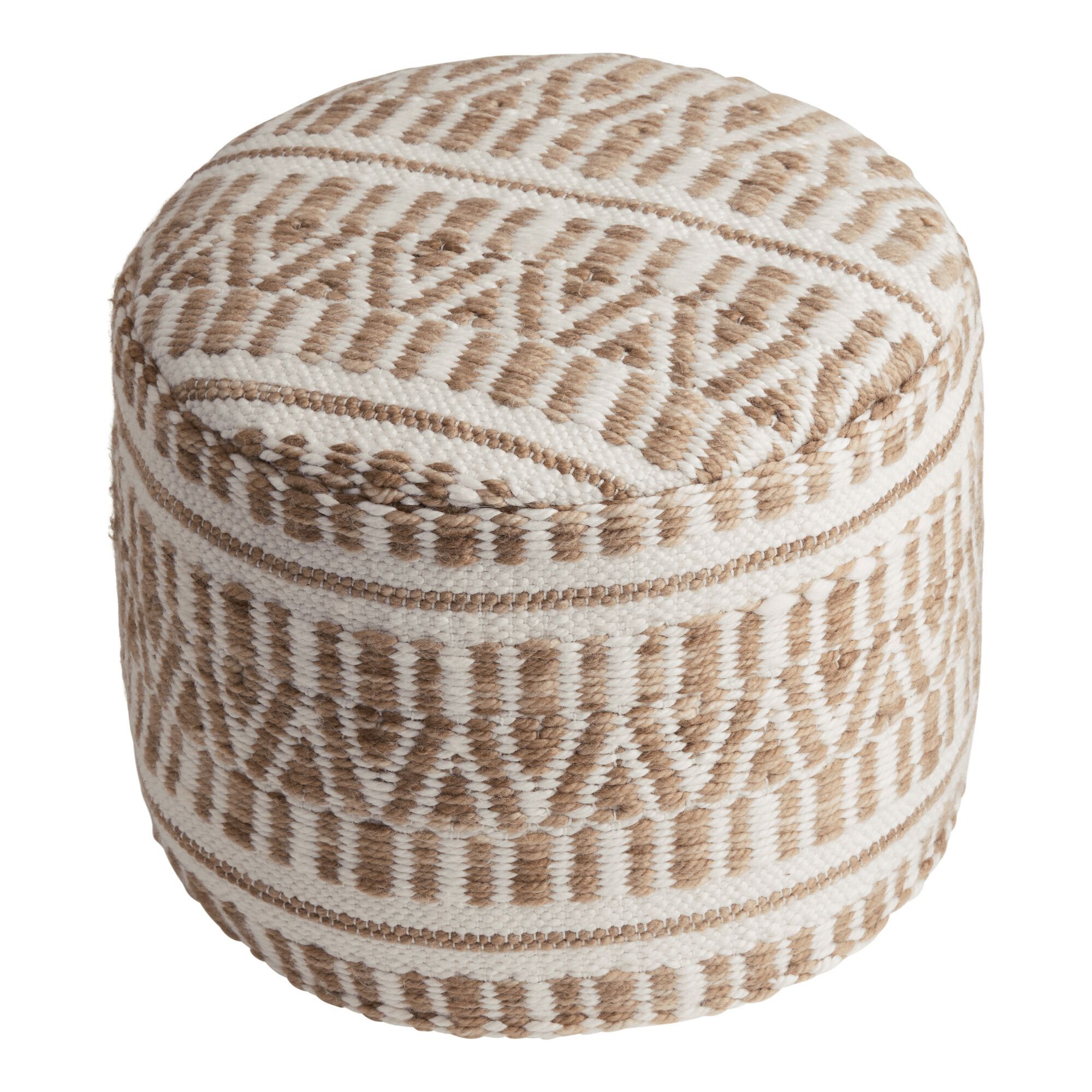 Round Taupe And Ivory Geometric Indoor Outdoor Pouf | World Market