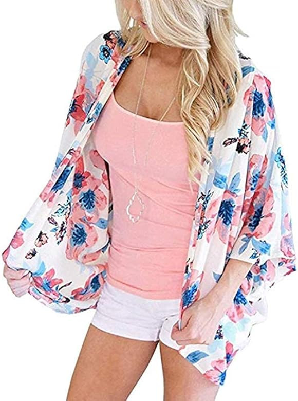 Womens Kimono Cardigans Floral Print Chiffon Beach Cover ups Loose Casual Tops | Amazon (US)