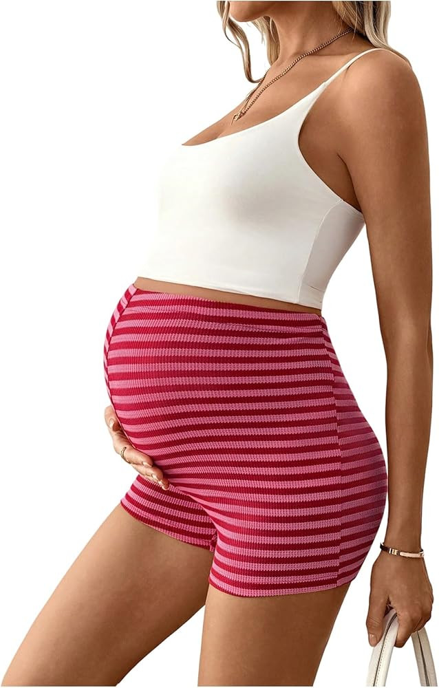 MakeMeChic Women's Maternity Shorts Striped Elastic High Waist Knit Skinny Pregnancy Shorts | Amazon (US)