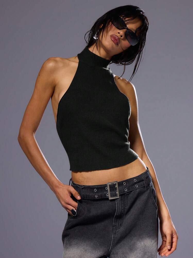 MUSERA Solid Backless Halter Neck Ribbed Knit Top Y2k Grunge Festival Concert, Sexy Tops Holiday ... | SHEIN