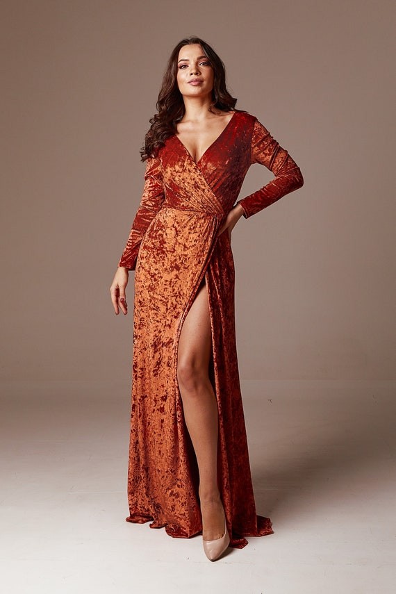 Rust Velvet Maxi Dress with Train Long Sleeves Bridesmaid | Etsy | Etsy ROW