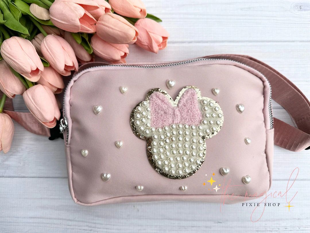 Heart Pearls Bow Mouse Soft Pink Crossbody Bag, Bridal Pearl Mouse Bag, Theme Park Fanny Pack - E... | Etsy (US)