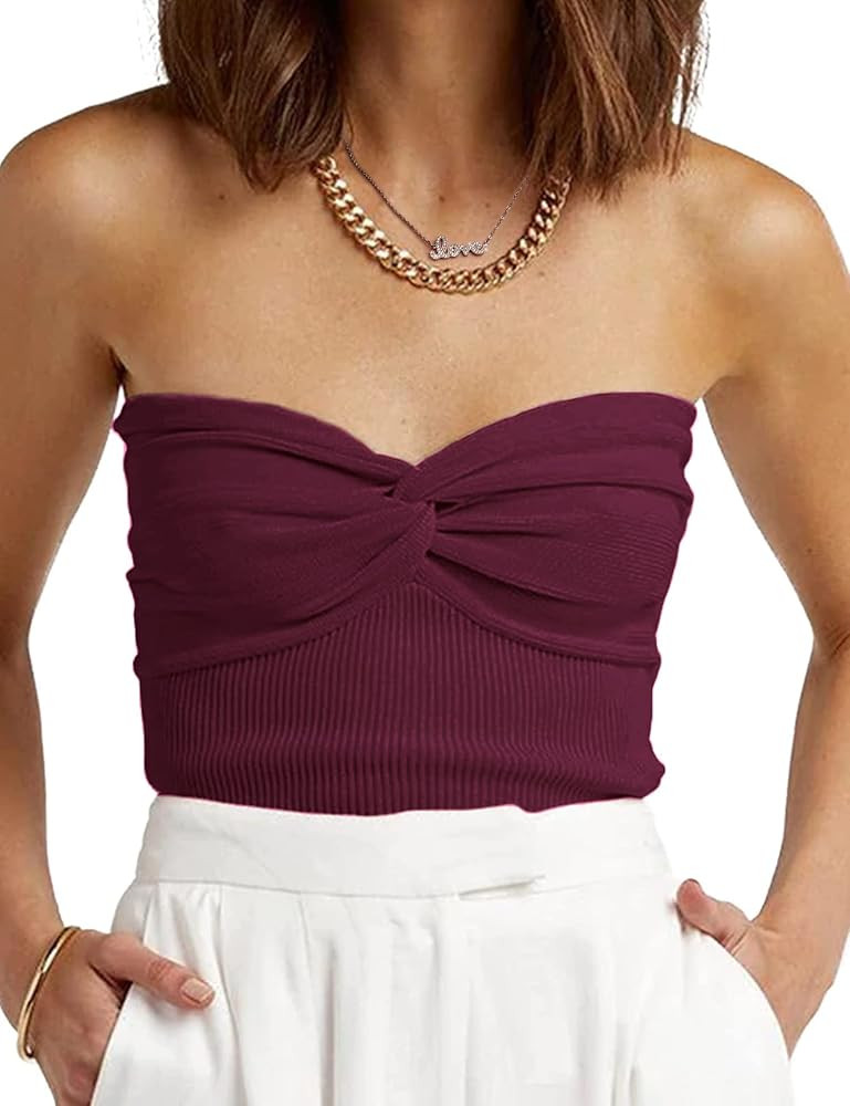 ANGGREK Womens Strapless Crop Top Twist Front Knit Tube Crop Top Tank Top Sleeveless Y2K Slim Fit... | Amazon (US)