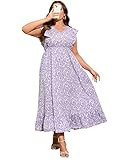 KOJOOIN Women's Plus Size Summer Dress with Pocket Ruffle Cap Sleeveless V Neck Side Split Long B... | Amazon (US)