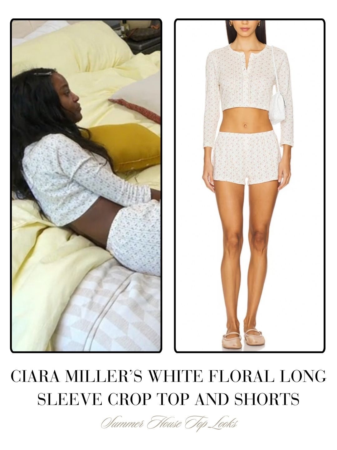 Ciara Miller’s White Floral Long Sleeve Crop Top and Shorts 