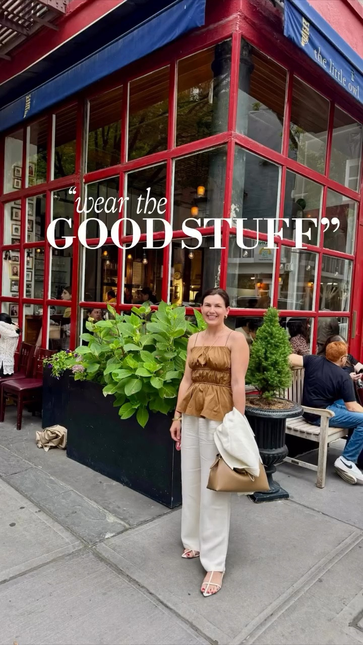 “Wear the good stuff.” ✨ Life is so full and busy (and sometimes I need more coffee at 2 PM, let’s be serious 🫠)… If we’re lucky, that is. I want to dress to elevate my mood, to add a bit of drama to an otherwise ordinary day, to reset my spirit. To enjoy! 

Putting together an outfit is a wink to myself. Or, to my future post-caffeine self. 

To me, “wear the good stuff” means: don’t wait. Don’t wait to be happy or embrace the moment or honor yourself. There is a lot of joy to be had in the everyday moments. Let’s dress the part. 

PS: You will NEVER guess where the red sandals are from.