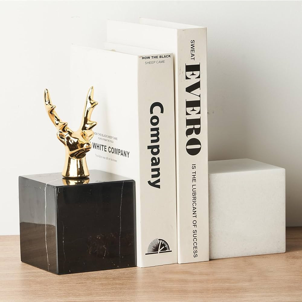 Marble Bookend Black and White 2PK with Golden Deer Head Decoration for Home Decor Housewarming S... | Amazon (US)