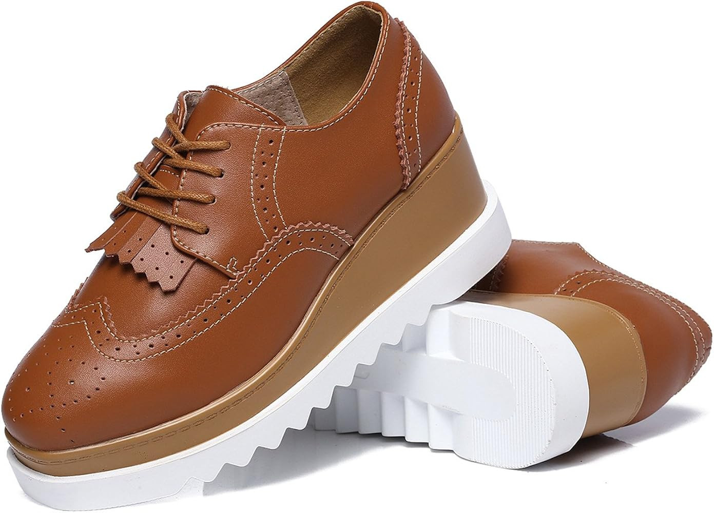 DADAWEN Women's Fashion Tassels Square-Toe Lace-up Platform Wedge Oxford Shoes | Amazon (US)