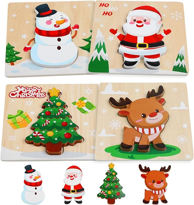 FOIMAS Christmas Wooden Puzzles for Toddler,4 Pack Santa Snowman Reindeer Wooden Puzzle for Kids ... | Amazon (US)