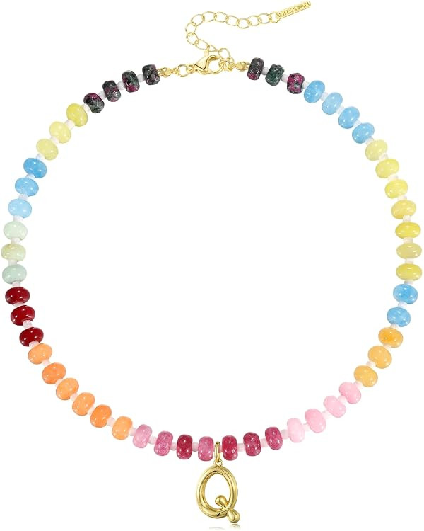 KissYan Initial Necklaces for Women, Colorful Beaded Gemstone Choker 14K Gold Bubble Letter Penda... | Amazon (US)